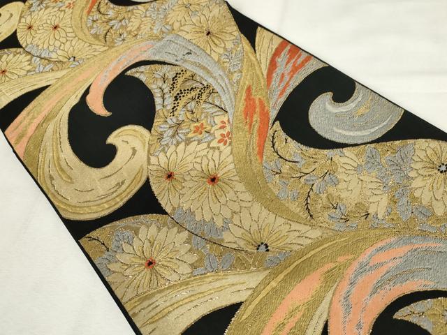 平和屋着物◎六通柄袋帯 唐織 花唐草文 黒地 金銀糸 正絹 逸品 AABM1534od