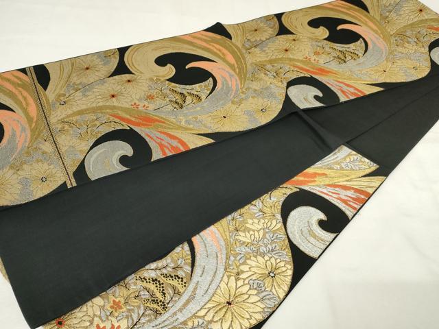 平和屋着物◎六通柄袋帯 唐織 花唐草文 黒地 金銀糸 正絹 逸品 AABM1534od
