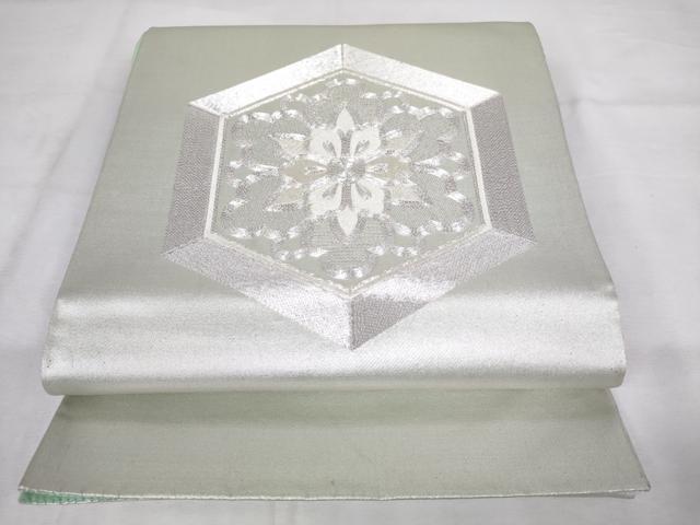 平和屋着物◎太鼓柄袋帯 駒刺繍 亀甲花文 銀糸 正絹 逸品 AABM1540od