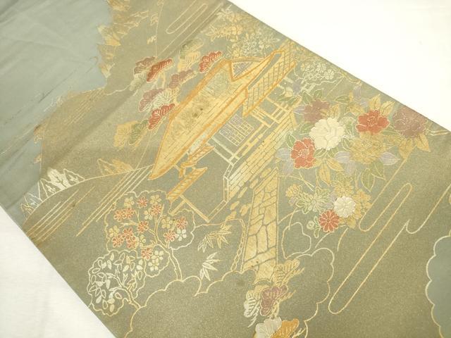 平和屋着物◎西陣 太鼓柄袋帯 螺鈿 風景花文 金銀彩 正絹 逸品 AABM1553od