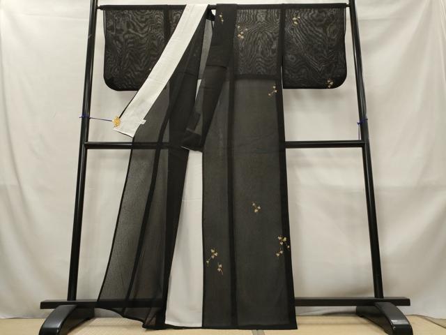 平和屋着物*夏物 訪問着 縦絽 蔦の葉文 黒地 金彩 正絹 逸品 AABM1595st