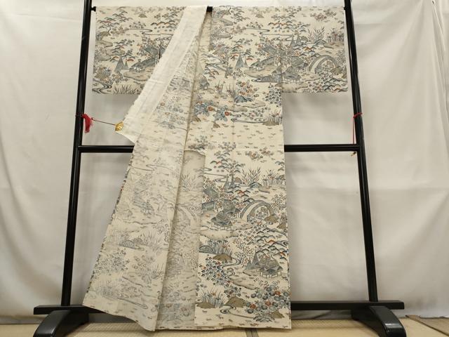 平和屋着物▽染織の名門 しょうざん 生紬 単衣 松竹梅風景文 正絹 逸品 AABM1758st