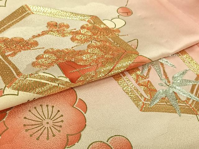 平和屋着物▽訪問着 単衣 駒刺繍 亀甲松竹梅文 暈し染め 金彩 正絹 逸品 AABM1817jh