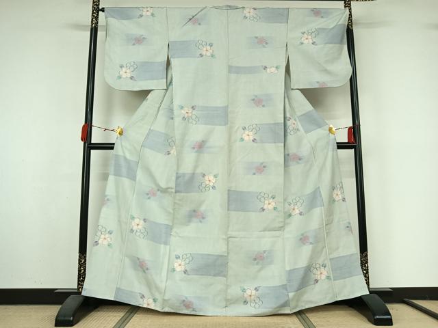平和屋着物▽小千谷紬 単衣 草花文 正絹 逸品 AABM1830jh