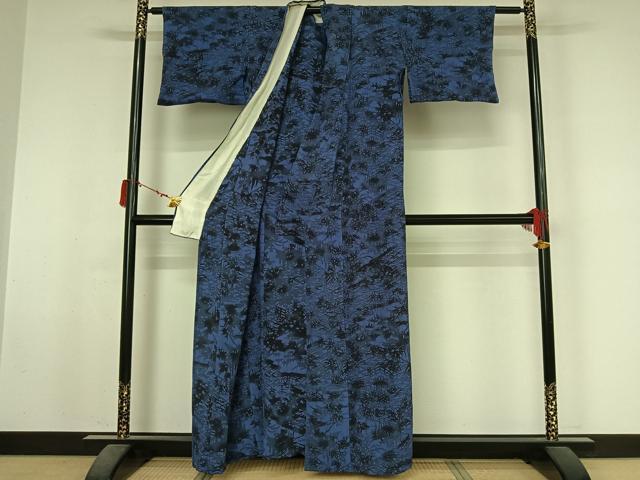 平和屋着物▽上質な小紋 単衣 藍 型染め 風景文 正絹 逸品 AABM1903jh