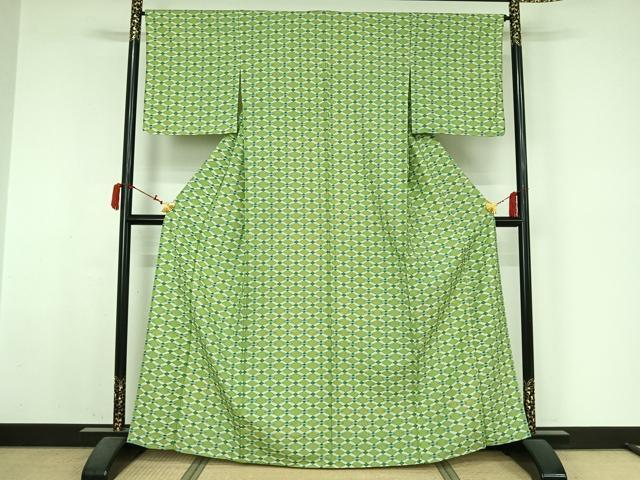 平和屋着物▽上質な小紋 単衣 紬地 菱文 正絹 逸品 未使用 AABM1975jh