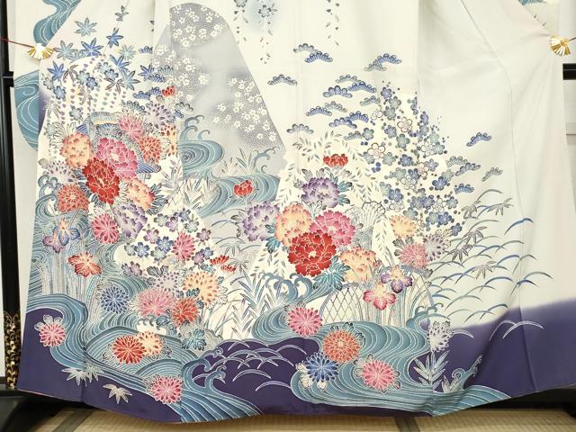 平和屋着物●豪華振袖 型染め 流水飛鳥草花文 暈し染め 正絹 逸品 AABM2007cs