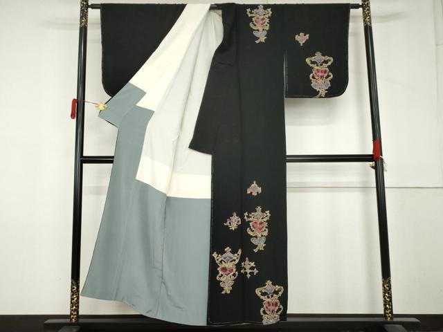 平和屋着物●訪問着 洋花文 黒地 正絹 逸品 未使用 AABM2012cs
