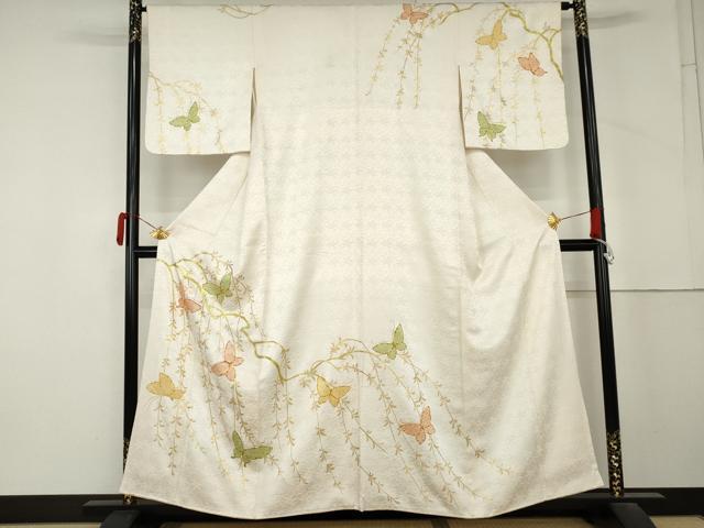 平和屋着物●訪問着 駒刺繍 枝垂れ柳 舞蝶文 金彩 正絹 逸品 AABM2056cs