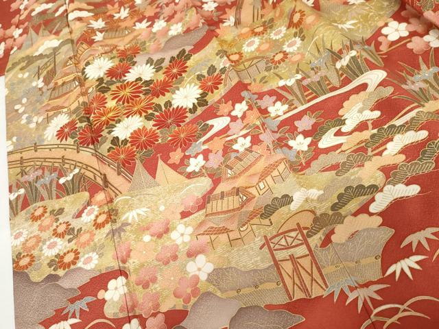 平和屋着物●豪華振袖 駒刺繍 松竹梅風景文 金彩 正絹 逸品 AABM2074cs