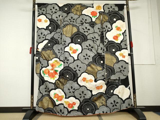 平和屋着物●豪華振袖 絞り 駒刺繍 梅尽くし 黒地 金糸 金彩 正絹 逸品 AABM2083cs