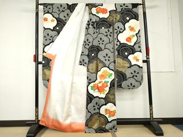 平和屋着物●豪華振袖 絞り 駒刺繍 梅尽くし 黒地 金糸 金彩 正絹 逸品 AABM2083cs