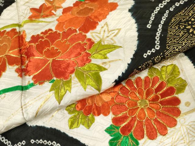 平和屋着物●豪華振袖 絞り 駒刺繍 梅尽くし 黒地 金糸 金彩 正絹 逸品 AABM2083cs