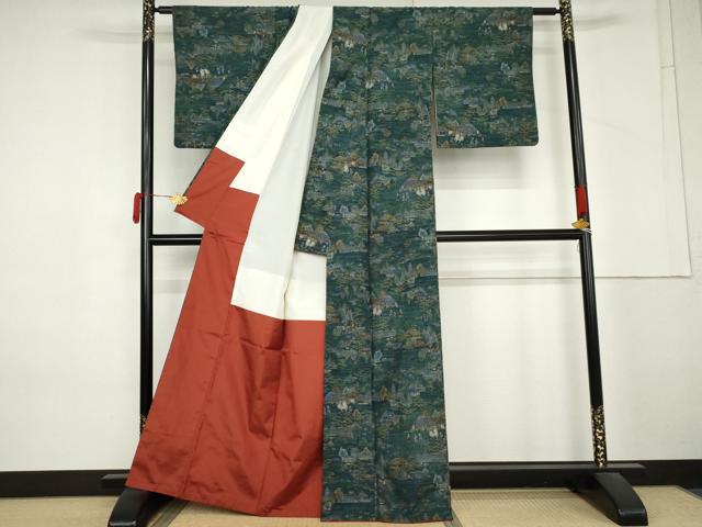 平和屋着物●小千谷紬 人物風景文 正絹 逸品 AABM2092cs