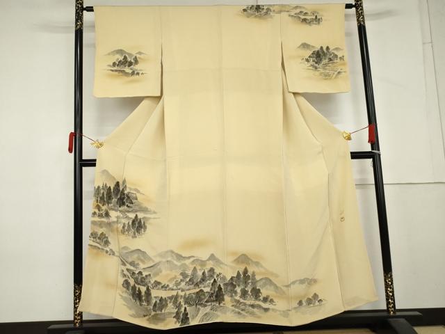 平和屋着物●訪問着 作家物 手描き 遠山風景文 金彩 鬼しぼ縮緬 正絹 逸品 AABM2093cs