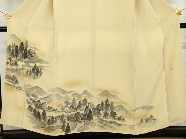 平和屋着物●訪問着 作家物 手描き 遠山風景文 金彩 鬼しぼ縮緬 正絹 逸品 AABM2093cs