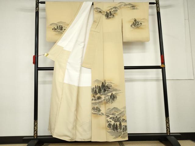 平和屋着物●訪問着 作家物 手描き 遠山風景文 金彩 鬼しぼ縮緬 正絹 逸品 AABM2093cs