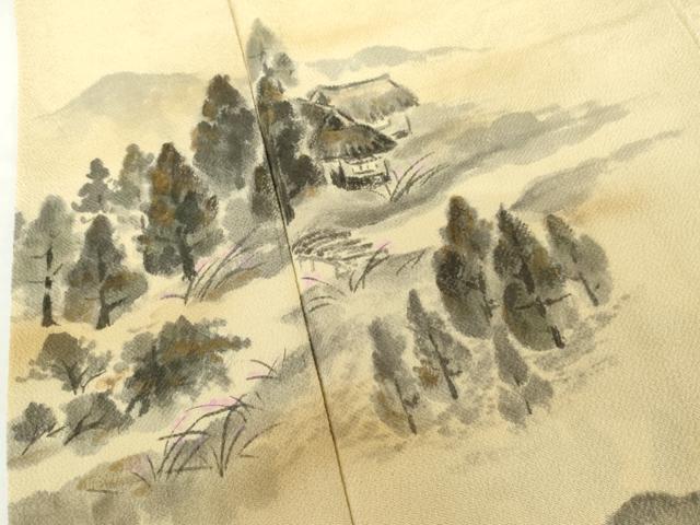 平和屋着物●訪問着 作家物 手描き 遠山風景文 金彩 鬼しぼ縮緬 正絹 逸品 AABM2093cs