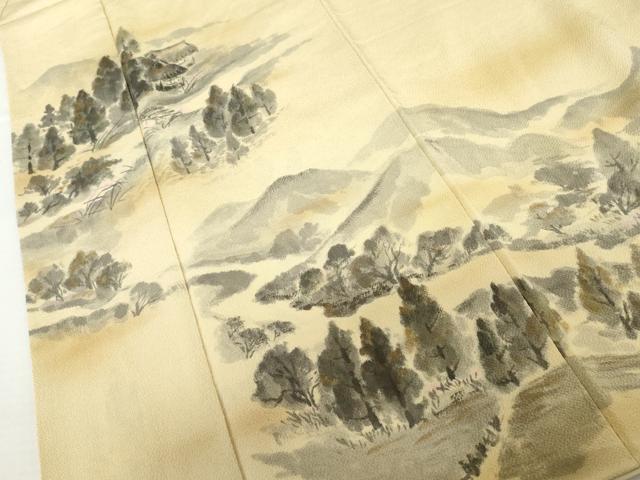 平和屋着物●訪問着 作家物 手描き 遠山風景文 金彩 鬼しぼ縮緬 正絹 逸品 AABM2093cs