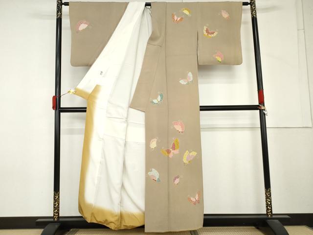 平和屋着物●訪問着 駒刺繍 舞蝶文 金彩 鬼しぼ縮緬 正絹 逸品 AABM2107cs
