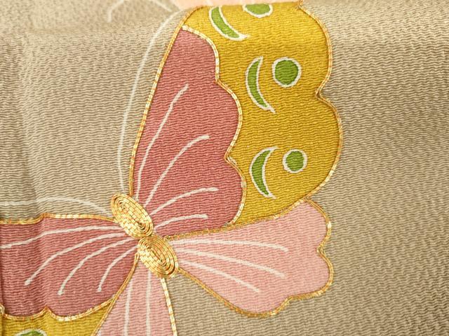 平和屋着物●訪問着 駒刺繍 舞蝶文 金彩 鬼しぼ縮緬 正絹 逸品 AABM2107cs