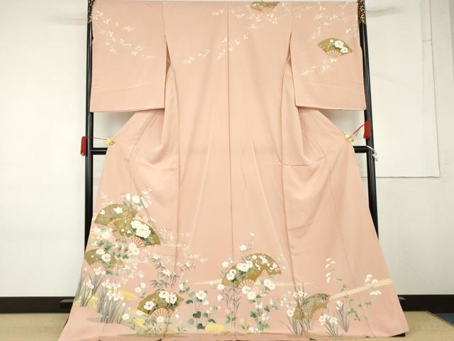 平和屋着物●吉澤友禅 訪問着 駒刺繍 扇面花文 金彩 浜ちりめん 仮絵羽 正絹 逸品 未使用 AABM2114cs