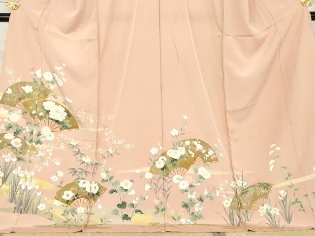 平和屋着物●吉澤友禅 訪問着 駒刺繍 扇面花文 金彩 浜ちりめん 仮絵羽 正絹 逸品 未使用 AABM2114cs