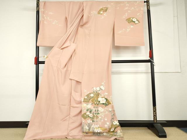 平和屋着物●吉澤友禅 訪問着 駒刺繍 扇面花文 金彩 浜ちりめん 仮絵羽 正絹 逸品 未使用 AABM2114cs