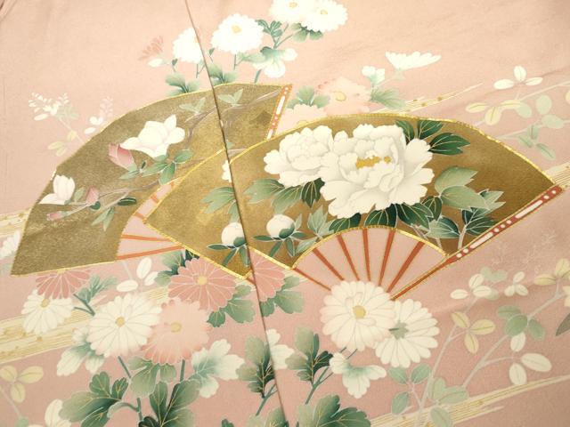 平和屋着物●吉澤友禅 訪問着 駒刺繍 扇面花文 金彩 浜ちりめん 仮絵羽 正絹 逸品 未使用 AABM2114cs