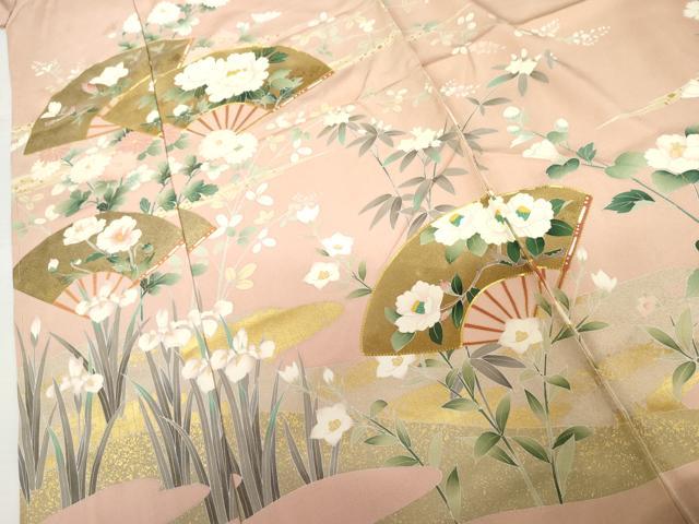 平和屋着物●吉澤友禅 訪問着 駒刺繍 扇面花文 金彩 浜ちりめん 仮絵羽 正絹 逸品 未使用 AABM2114cs