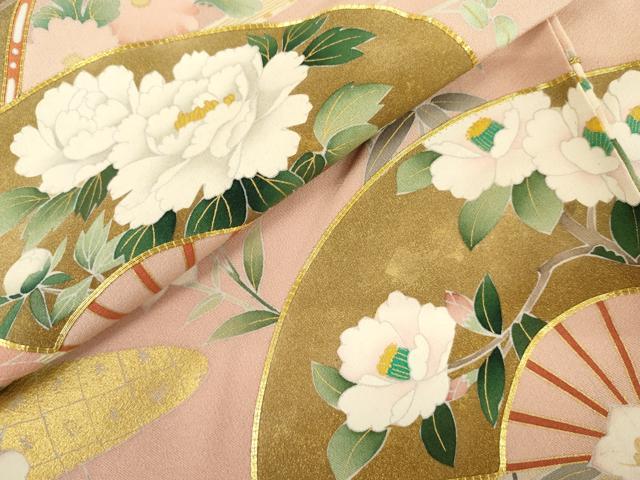 平和屋着物●吉澤友禅 訪問着 駒刺繍 扇面花文 金彩 浜ちりめん 仮絵羽 正絹 逸品 未使用 AABM2114cs