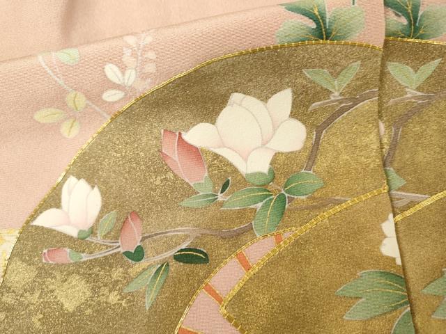 平和屋着物●吉澤友禅 訪問着 駒刺繍 扇面花文 金彩 浜ちりめん 仮絵羽 正絹 逸品 未使用 AABM2114cs