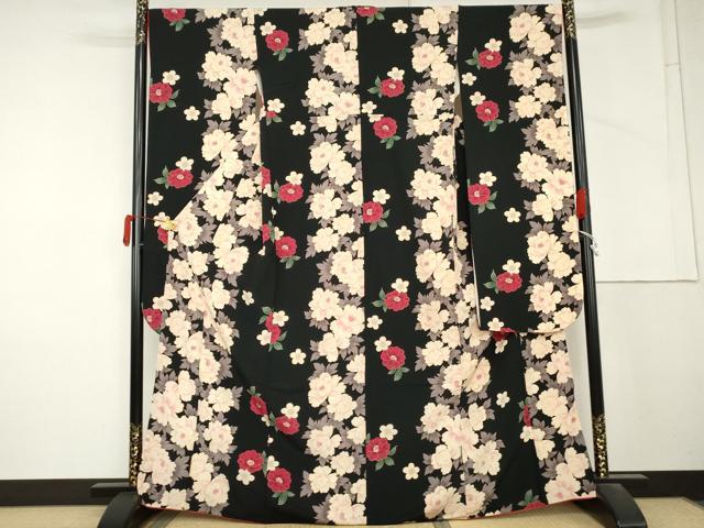 平和屋着物●H・L(アッシュエル) HENRI-LUC CHAPUIS 振袖 草花文 黒地 洗える着物 AABM2132cs