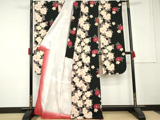 平和屋着物●H・L(アッシュエル) HENRI-LUC CHAPUIS 振袖 草花文 黒地 洗える着物 AABM2132cs