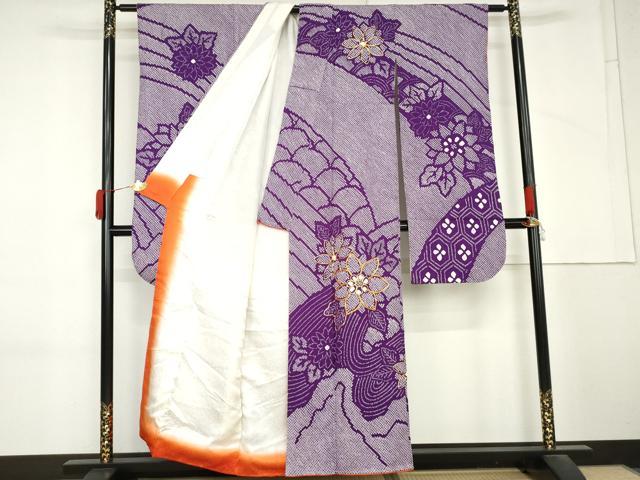 平和屋着物●豪華振袖 駒刺繍 総絞り 流水草花文 正絹 逸品 AABM2148cs