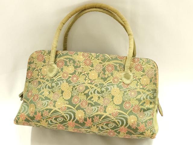 平和屋着物●和装小物 和装バッグ ハンドバッグ 利休バッグ 流水芝花文 金糸 帯地使用 逸品 AABM2241ay