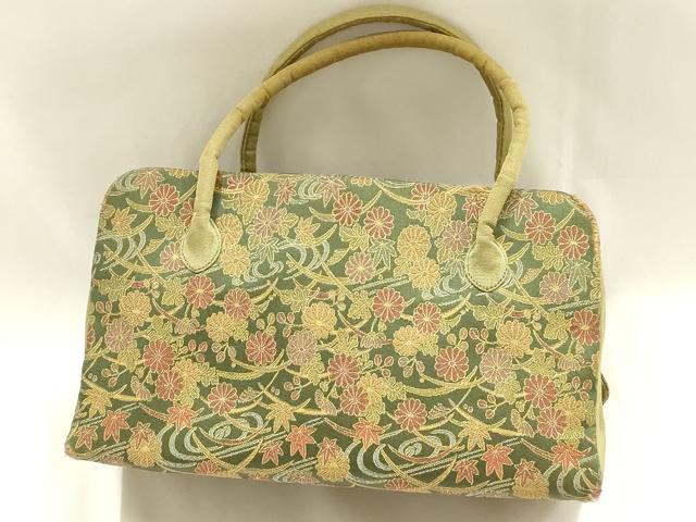 平和屋着物●和装小物 和装バッグ ハンドバッグ 利休バッグ 流水芝花文 金糸 帯地使用 逸品 AABM2241ay