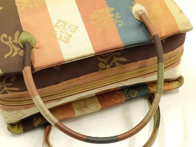 平和屋着物●和装小物 和装バッグ ハンドバッグ 利休バッグ 縞 花蝶文 帯地使用 逸品 AABM2245ay