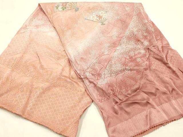 平和屋本店●和装小物 帯締め・帯揚げセット 高麗組 綾出し 舞扇花文 金糸 金銀彩 暈し染め 長尺 正絹 逸品 未使用 AABM2308ay