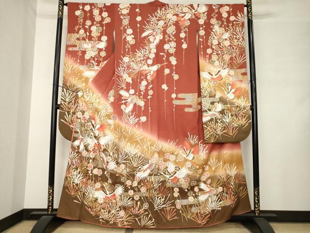 平和屋着物●豪華振袖 飛鶴花文 暈し染め 金彩 正絹 逸品 AABM2410ck