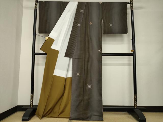 平和屋着物●訪問着 紬地 駒刺繍 菱文 吉野間道 正絹 逸品 AABM2456ck