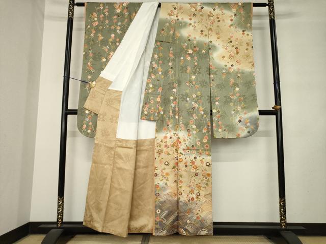 平和屋着物●豪華振袖 駒刺繍 立波枝垂れ花文 暈し染め 金彩 正絹 逸品 AABM2486ck