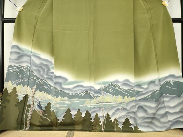 平和屋着物●訪問着 手描き 梟 フクロウ 暈し染め 正絹 逸品 AABM2489ck