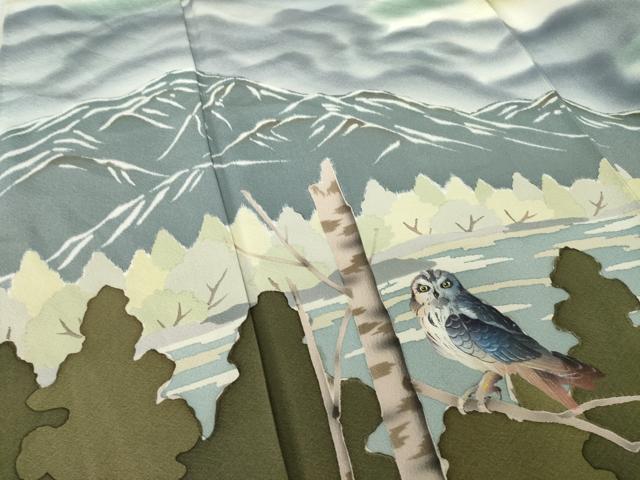 平和屋着物●訪問着 手描き 梟 フクロウ 暈し染め 正絹 逸品 AABM2489ck