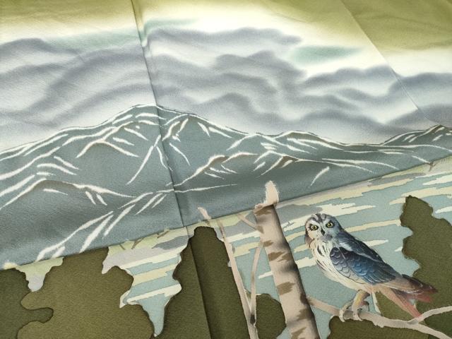 平和屋着物●訪問着 手描き 梟 フクロウ 暈し染め 正絹 逸品 AABM2489ck