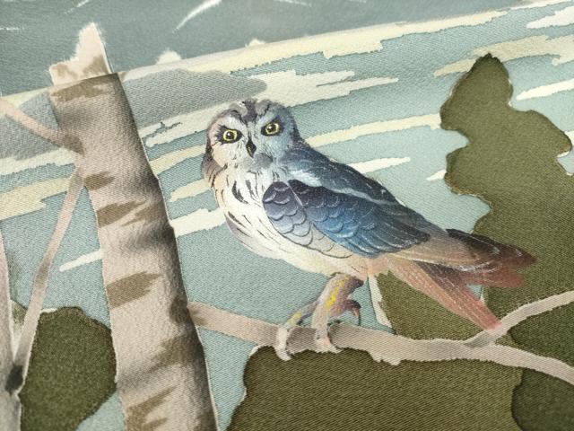 平和屋着物●訪問着 手描き 梟 フクロウ 暈し染め 正絹 逸品 AABM2489ck
