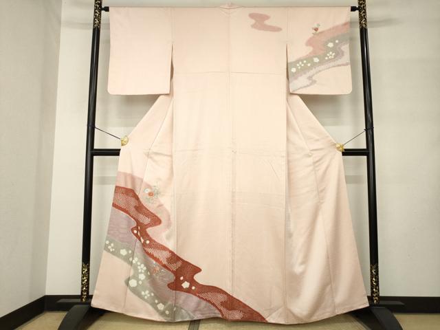 平和屋着物●訪問着 絞り 刺繍 流水花文 正絹 逸品 AABM2513ck