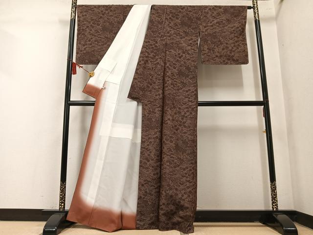 平和屋着物●本場大島紬 染大島 柿渋染 草花文 久保織物謹製 まるやま扱い 証紙付き 正絹 逸品 未使用 AABM2536ph