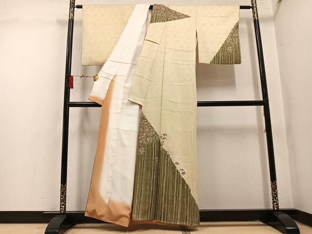 平和屋着物●訪問着 絞り 刺繍 笹竹 金糸 正絹 逸品 AABM2551ph