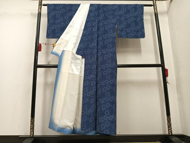 平和屋着物●上質な小紋 藍 型染め 菊唐草 正絹 逸品 AABM2556ph